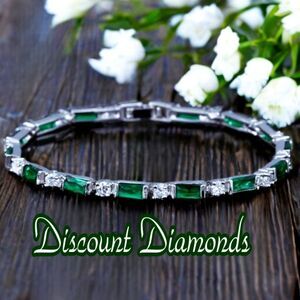 Silver 925 Tennis Bracelet 20 Ct. Green Diamonds & White Baguette Diamon…